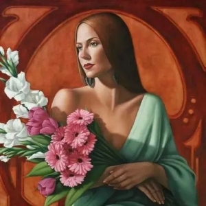 澳大利亚当代女画家凯瑟琳·阿贝尔绘画作品《手持花束的女士》赏析