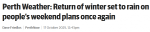 珀斯周末迎降雨,居民出行受扰